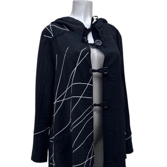 Tusso Hooded Duster Style Robe Women's Large Black White Open Front Abstract - Picture 1 of 11